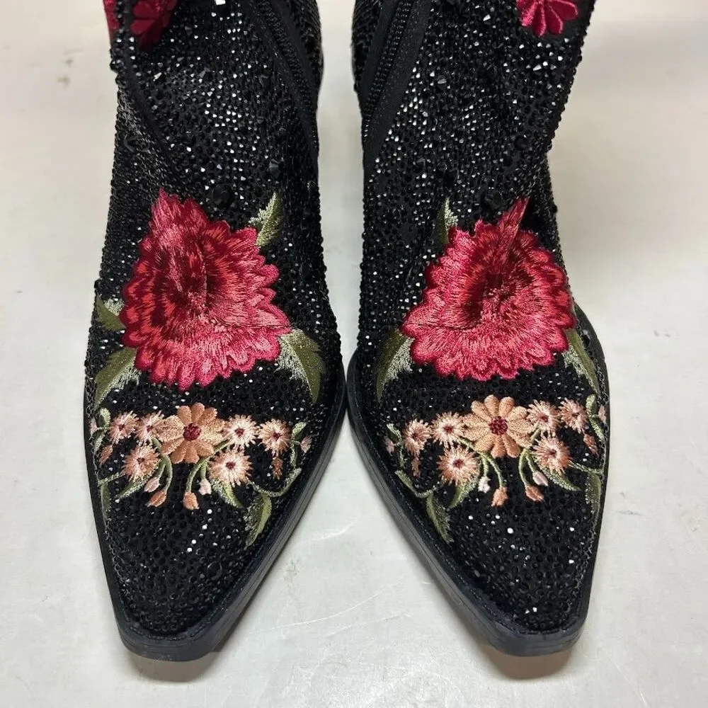 INC Womens 5.5 M Black Embellished Jersey Block Heel Cowboy Booties DISPLAY QX1